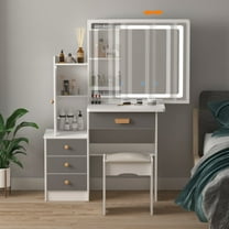 OXYLIFE Makeup Vanity Desk Table with Sliding LED Lighted Mirror, Cushion Stool, 4 Drawers and Shelves, White Gray