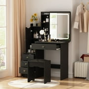 OXYLIFE Makeup Vanity Desk with Sliding Mirror, 4 Drawers and Cushioned Stool, Black