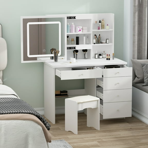 OXYLIFE Makeup Vanity Table Set with Sliding Lighted Mirror, 5 Drawers and Storage Shelves, Dressing Table Desk with Stool,White