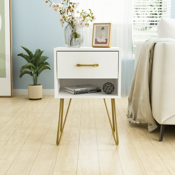 OXYLIFE Modern Nightstands with Drawer and Open Shelf, Night Stand BedsideTable for Living Room Bedroom, White