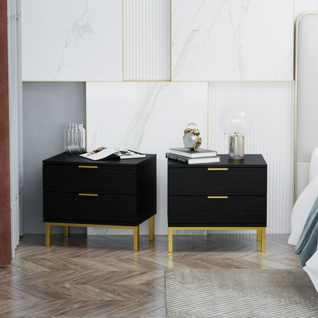OXYLIFE Nightstand Set of 2 Bedside, End Side Table with 2 Drawers & Gold Metal Legs for Bedroom, Black