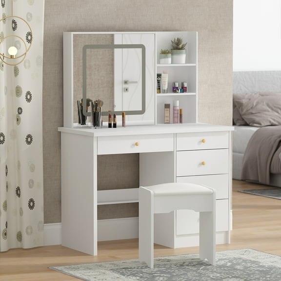 OXYLIFE Vanity Table Set with Light Mirror, Makeup Organizer Dressing Desk with 5 Drawers and Storage Shelves, Cushioned Stool