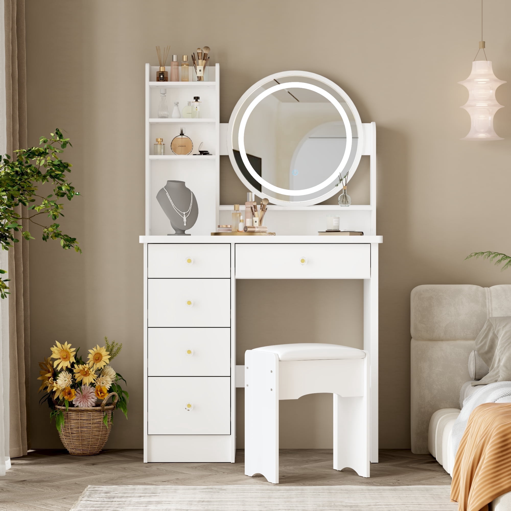 White+Light+Chair+Round mirror