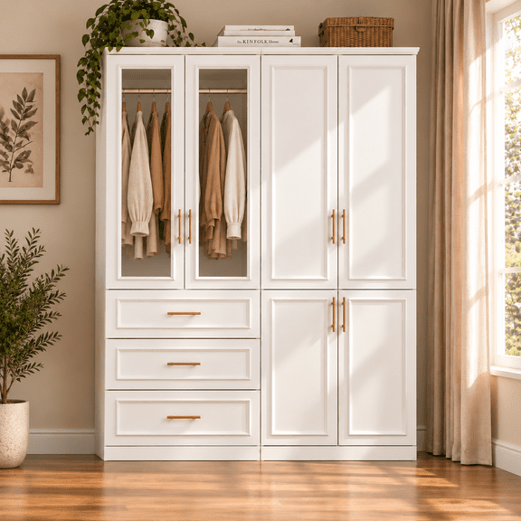 OXYLIFE Wardrobe Armoire Closet Cabinet with Glass Doors, Hanging Rod and 3 Drawers, 63.3" Wide