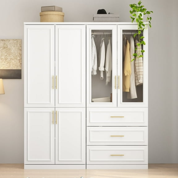 OXYLIFE Wardrobe Armoire Closet Cabinet with Glass Doors, Hanging Rod and 3 Drawers, 63.3" Wide