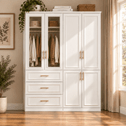 OXYLIFE Wardrobe Armoire Closet Cabinet with Glass Doors, Hanging Rod and 3 Drawers, 63.3" Wide