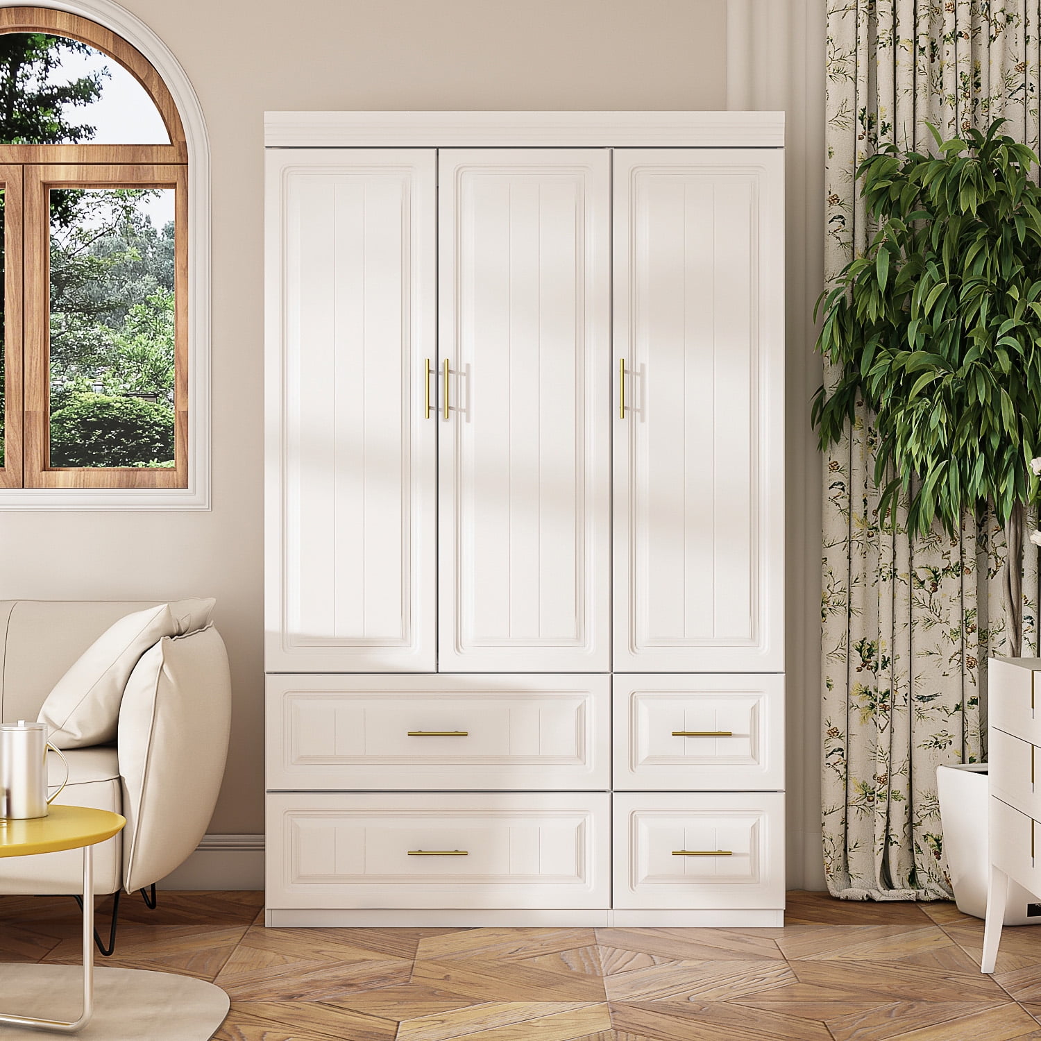 OXYLIFE Wardrobe Armoire Closet with 4 Drawers and Clothing Rod for Bedroom in White