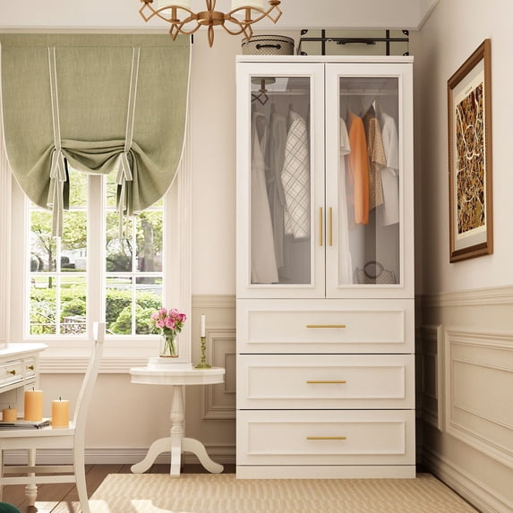 OXYLIFE Wardrobe Armoire Closet with Glass Doors, 3 Drawers and Hanging Rod, White