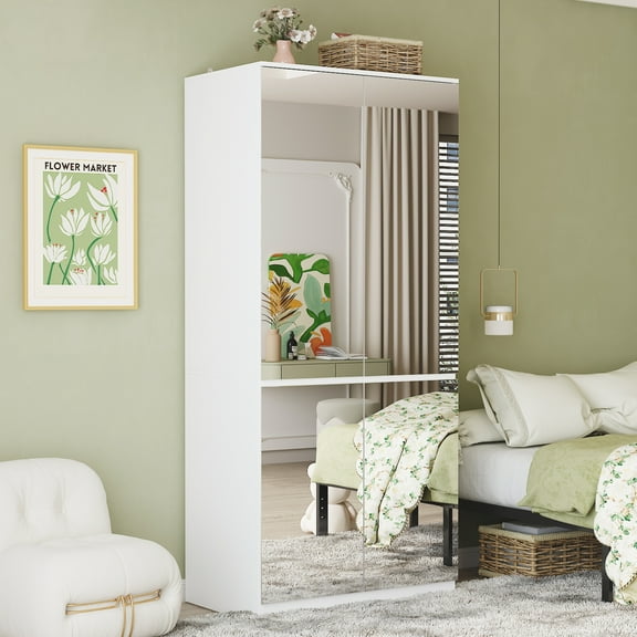 OXYLIFE Wardrobe Closet with 4-Mirrored Door, Armoire Closet Cabinet with Hanging Rod for Bedroom,White