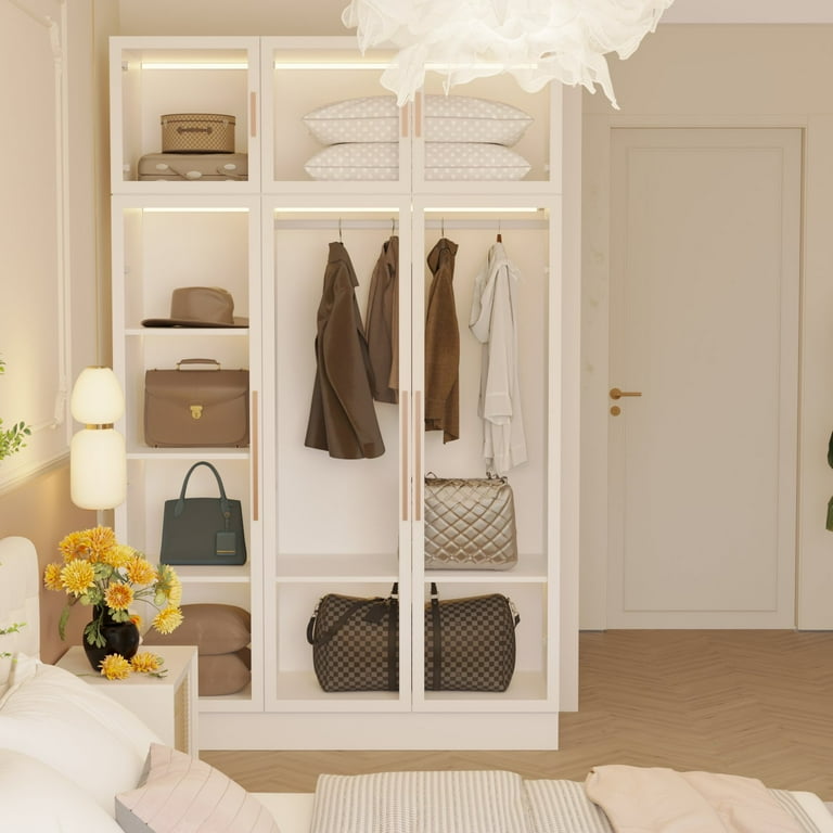 OXYLIFE Armoire Wardrobe Closet, Metal Frame, Glass Door, LED