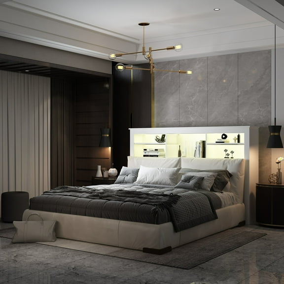 OXYLIFE Wood Full Queen Bookcase Headboard with Storage Shelf, Remote Control, LED, White