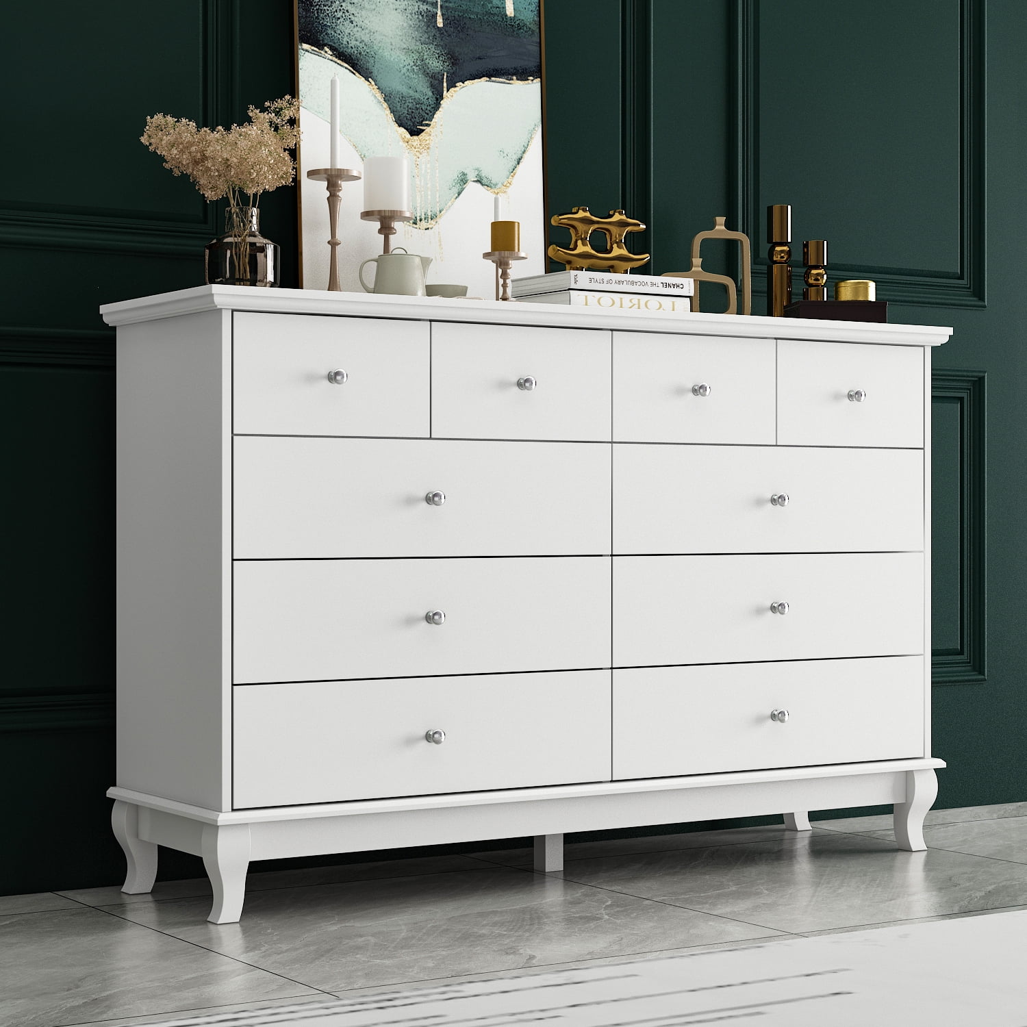 White MDF 10-Drawer Mid-Century Modern Dresser
