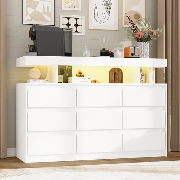 OXYLIFE9 Drawer Dresser with Light, Adjustable Lighting Options, Modern Dresser with a 47.2" W Desktop and Silent Metal Slide Rails, 42" W Floor Storage Organizer Chest of Drawers for Bed Room, White