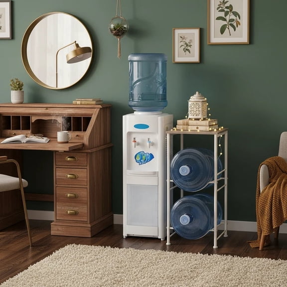 OYEAL 2-Tier 5 Gallon Water Jug Holder, Heavy Duty Water Bottle Rack with Storage Shelf, Space-Saving Water Cooler Jug Holder Rack for Home, Kitchen or Office, Light Oak