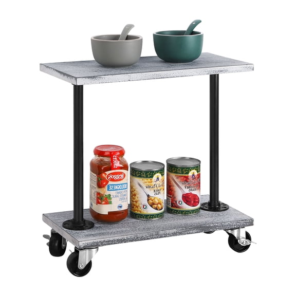 OYEAL 2-Tier Side Table, Wood & Metal Small Rolling Cart with Lockable Wheels, Narrow End Table for Living Room Bedroom (White Grey)