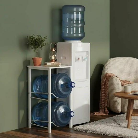 OYEAL 2 Tier White 5 Gallon Water Bottle Storage Rack with Top Shelf, Water Jug Holder for Kitchen, Dining Room, Office