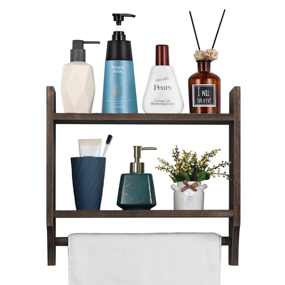 OYEAL 2-Tier Wood Towel Holders for Bathroom, Wall-Mounted Bathroom Shelf with Hanging Towel Bar, Rustic Brown Storage Organizer for Home.