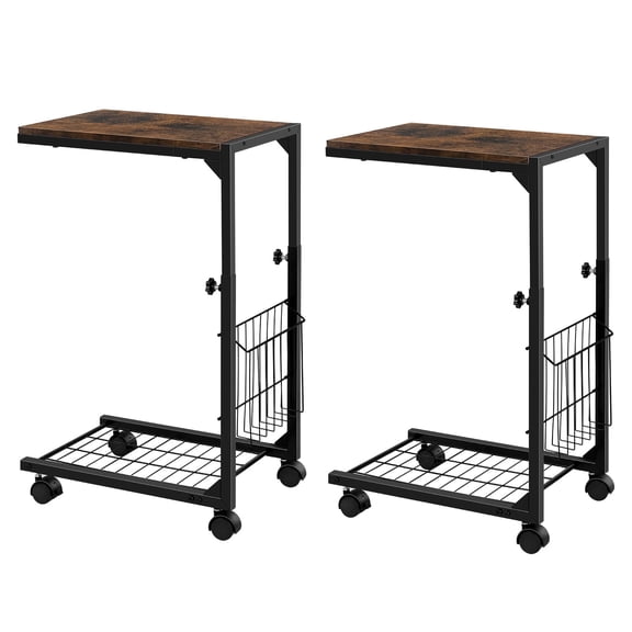 OYEAL 2 Pcs C-Shaped Side Tables, Adjustable Height End Tables with Wheels, Side Tables for Living Room & Bedroom.(Rustic Brown)