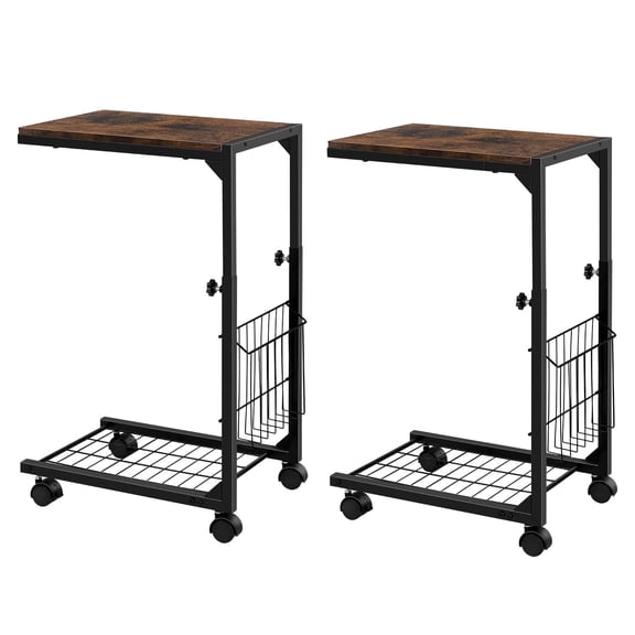 OYEAL 2-Pack Height Adjustable C-Shaped Side Table with Storage, Rustic Brown Rolling End Table for Sofa, Bed, or Couch, 15.6" Wide, 33.4" High