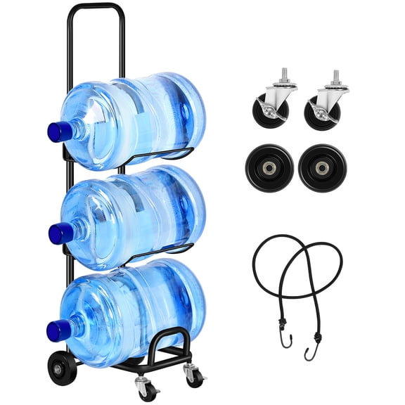 OYEAL 3-Tier 5-Gallon Water Jug Holder with Wheels Rolling Water Bottle Storage Rack with Securing Rope Black Water Cooler Jug Cart for Kitchen, Pantry & Office