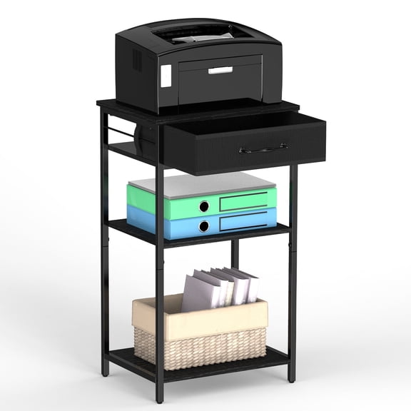 OYEAL 3-Tier Printer Stand, Multifunctional Printer Stand with Storage for Home Office, Wood & Metal Frame Shelf, Fits Printer, Fax Machine & Scanner, Black