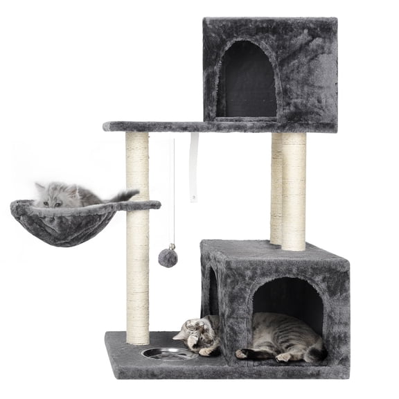 OYEAL 37'' Multi-Level Cat Tree Indoor, Multi Level Play Tower with Scratching Posts, Fur Ball & Feeding Bowl for Climbing & Resting (Grey)