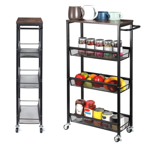 OYEAL 4-Tier Slim Rolling Storage Cart Narrow Mobile Kitchen Shelves with Wooden Tabletop, Ideal for Kitchen, Bathroom, Laundry Room & Narrow Spaces
