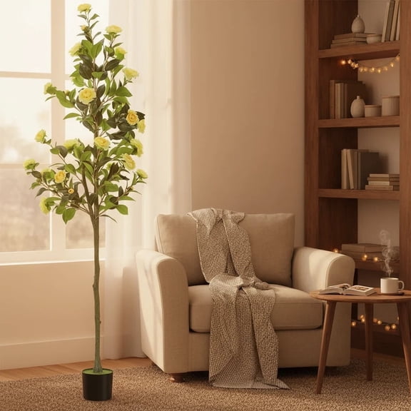 6FT Artificial Camellia Tree Potted Fake Plants with Yellow Camellia Flowers, Fake Tree with Faux Greenery Leaves for Home Decor Indoor & Outdoor
