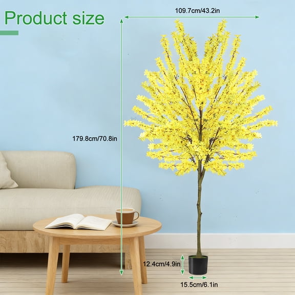 6ft Artificial Winter Jasmine Tree, Potted Fake Plants with Yellow Flowers, Fake Tree with Fake Greenery Leaves for Home Decor Indoor & Outdoor