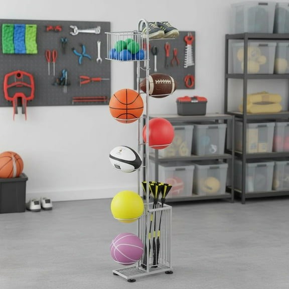 OYEAL 7 Tier Silver Freestanding Basketball Ball Storage Rack, Sport Organizer Rack with Basket for Volleyball, Football, Basketball, Indoor/Outdoor