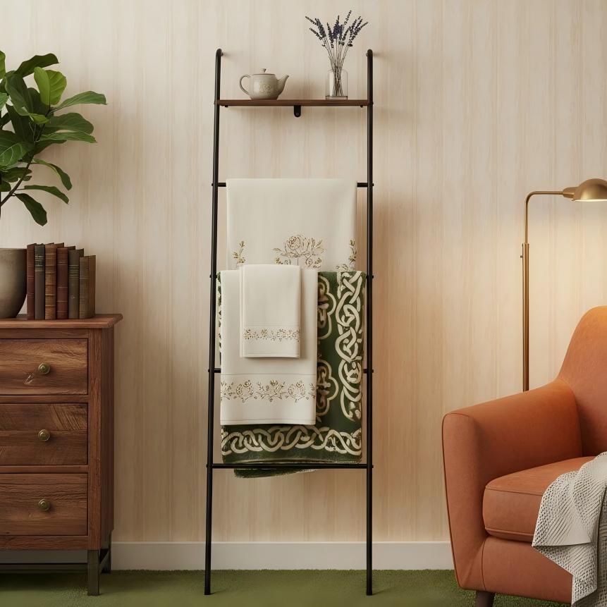 OYEAL Black Decorative 5 Layer Wall-Leaning Blanket Rack with Shelf ...