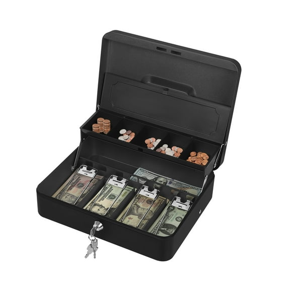 OYEAL Black Lockable Metal Cash Box with Keys, Security Safe Money Tin with Removable Trays & Coin Slots for Office, Home, Supermarket