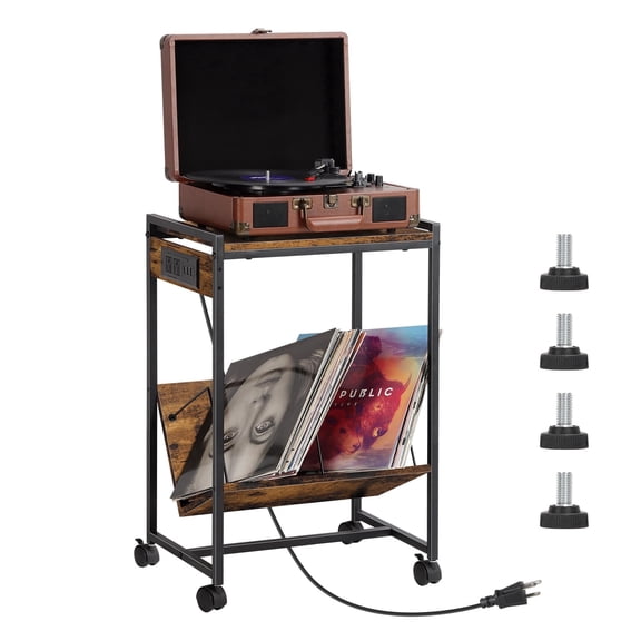 OYEAL Brown Record Player Stand with Charging Station, End Table with Vinyl Storage, Record Player Table for Living RoomBedroom