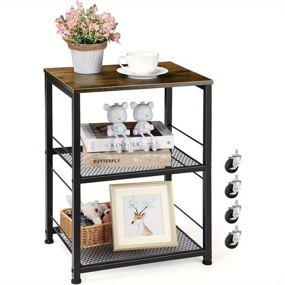 OYEAL Industrial Square End Table, Small Nightstand with Storage Shelf, Narrow Sofa Side Table for Small Spaces, Living Room, Bedroom, Rustic Brown