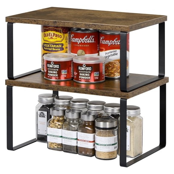 2pcs Cabinet Organizer Shelf, Stackable Kitchen Countertop Organizer, Expandable Wood Storage Shelf for Kitchen, Counter Top, Bathroom, Rustic Brown Spice Rack