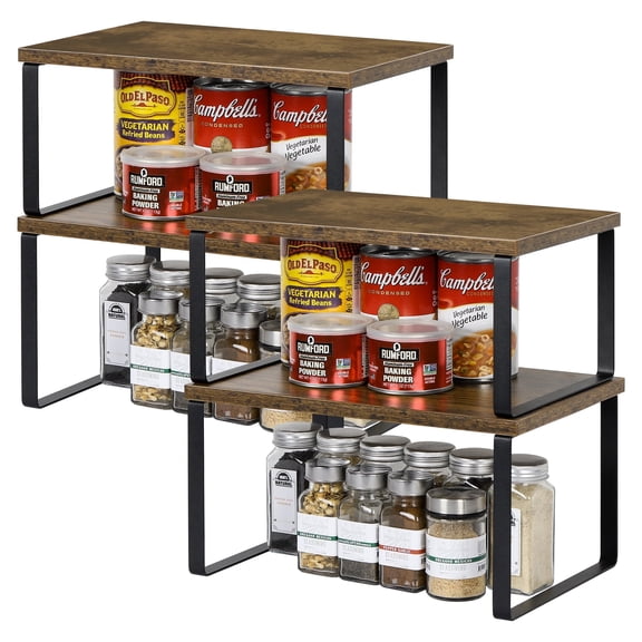 4pcs Cabinet Organizer Shelf, Stackable Kitchen Countertop Organizer, Expandable Wood Storage Shelf for Kitchen, Counter Top, Bathroom, Rustic Brown Spice Rack