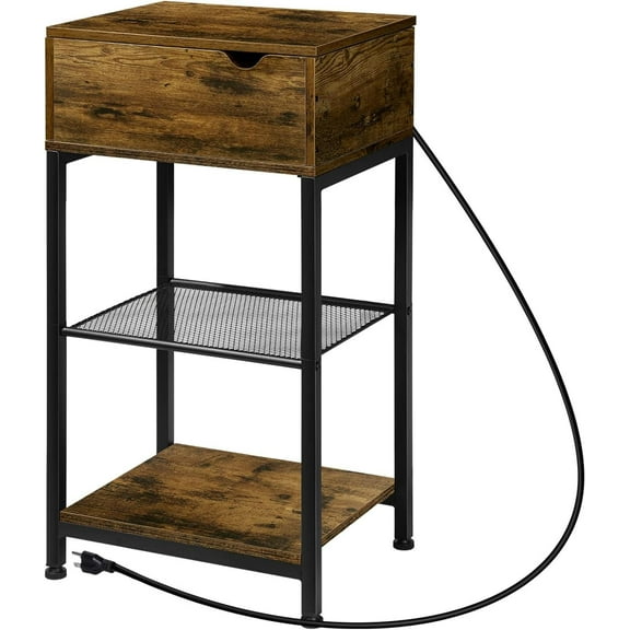 OYEAL Slide End Table with Charging Station - Nightstand with USB Ports/Outlets & Storage Shelf for Bedroom/Living Room(Rustic Brown)