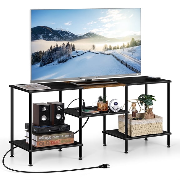 OYEAL TV Stand with Power Outlets, Black Bedroom Entertainment Center Stand with Storage, Small Modern Media Console Table for up to 50 inch TV