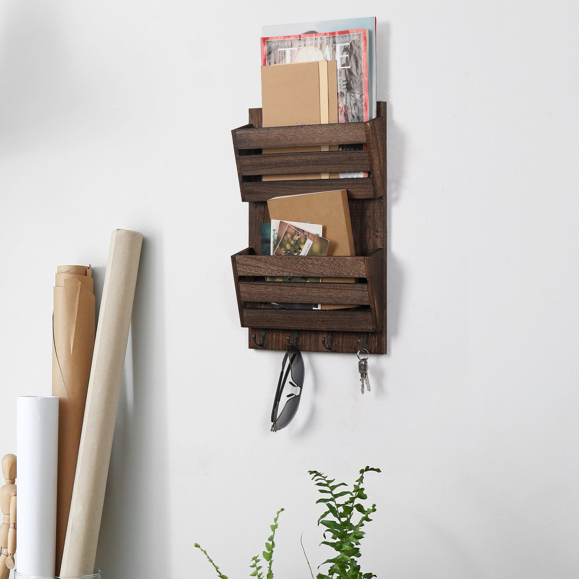 OYEAL Wall Mount 2-Slot Mail Organizer with Key Hooks, Suitable for Office, Living Room, Entryway, Rustic Brown