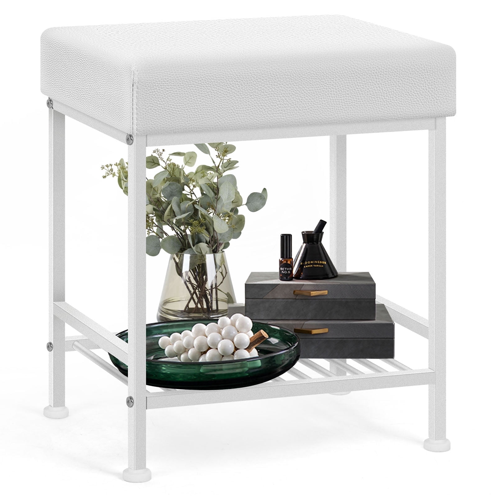 Small Ottoman with Storage Shelf, Square Ottoman Foot Rest Under Desk with Adjustable Leg, White Pouf Vanity Stool for Living Room, Bedroom
