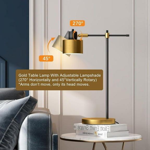 OYEARS 22.2" Modern Industrial Desk Lamp for Reading - LED Metal Table Lamp with Gold and Matte Black Accent Finish (Bulb Included)