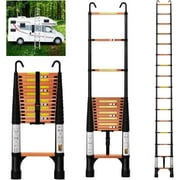 OYED 12.5FT Telescoping Ladder, Aluminum Lightweight Extension Ladder with Hooks&Stabilizers, 330lbs Max Capacity Collapsible Ladder, Telescopic Ladders for Home, RV, Attic,Orange&Black