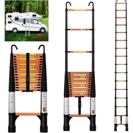 OYED 12.5FT Telescoping Ladder, Aluminum Lightweight Extension Ladder with Hooks&Stabilizers, 330lbs Max Capacity Collapsible Ladder, Telescopic Ladders for Home, RV, Attic,Orange&Black