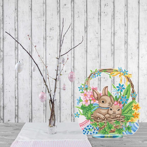 OYIGU DIY Diamond Easter Desktop Ornaments Diamond Art Full Round Drill Paint By Numbers Kits Tabletop Ornaments Single Sided Diamond Bunny Design, for Home Party Decor