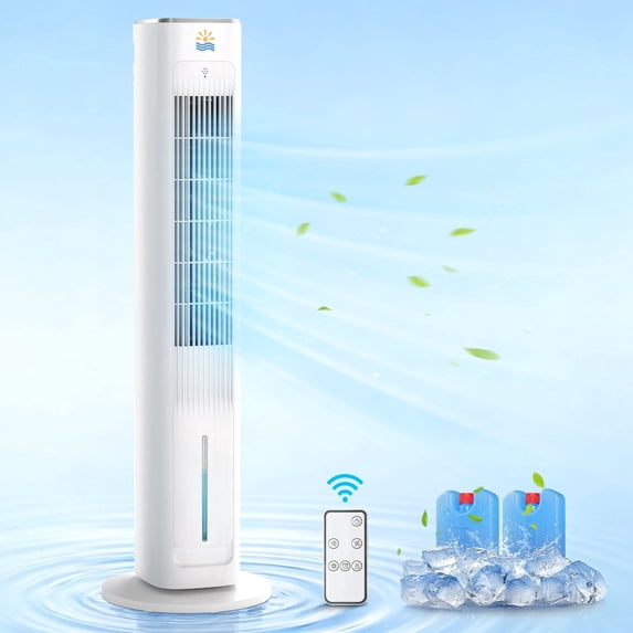 Flamemore Evaporative Air Cooler Fan with Remote & Ice Packs, Oscillating Tower Air Conditioner with Humidify, White&Gray
