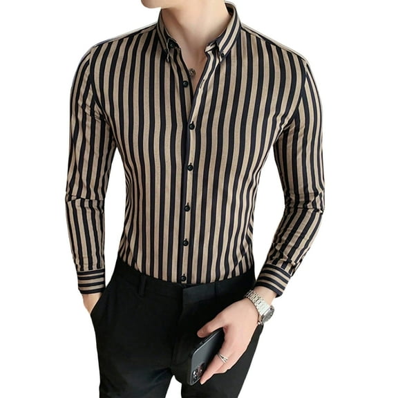 OYOANGLE Men's Button Down Long Sleeve Shirts Collared Neck Striped Tops Khaki S