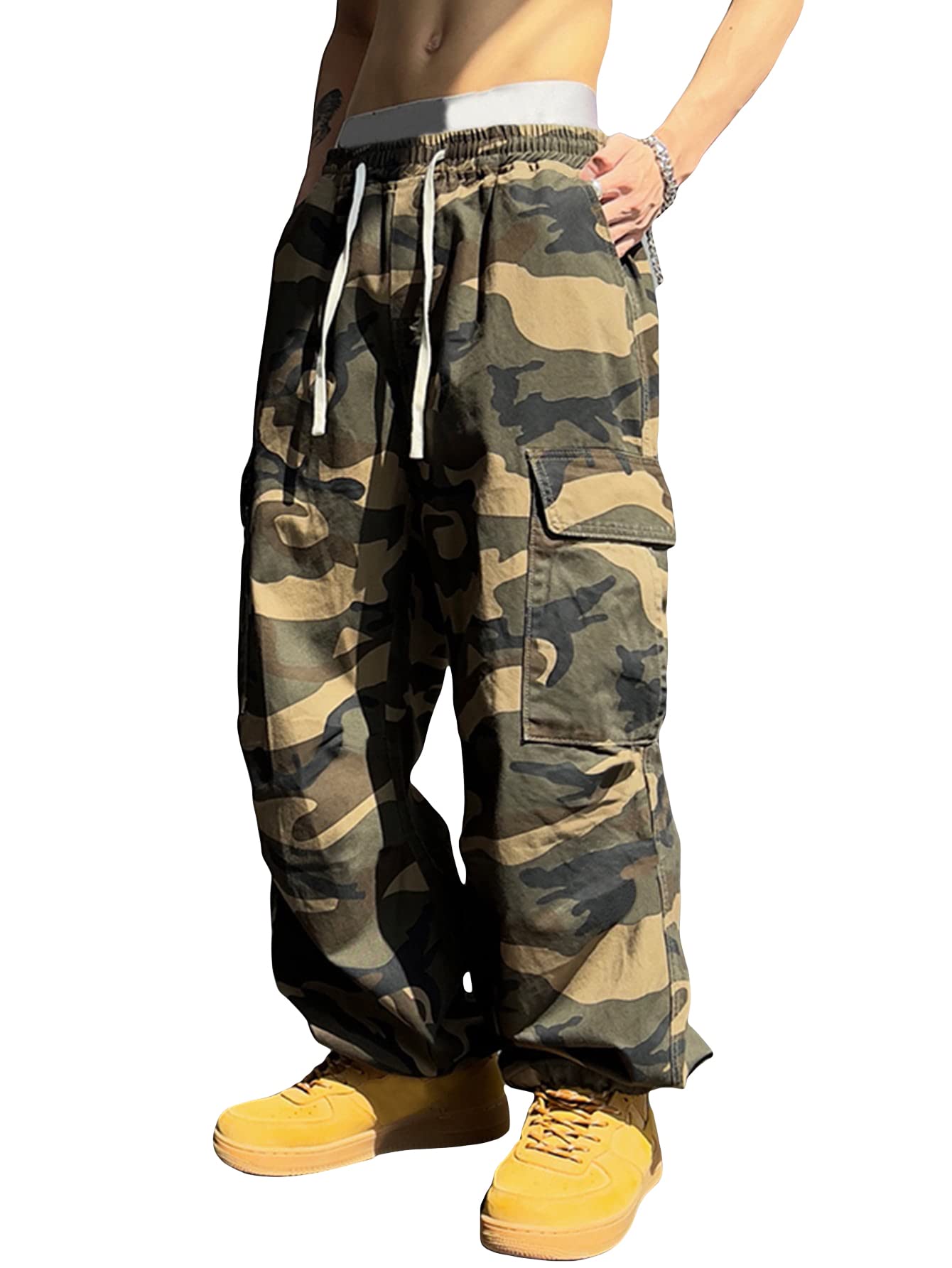 OYOANGLE Men's Camo Cargo Pants Drawstring Elastic Waist Flap Pockets Hip Hop Street Baggy Pants