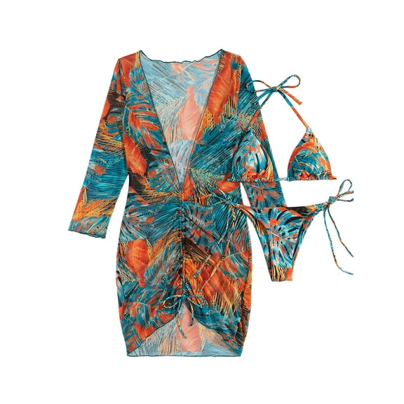 OYOANGLE Women's 3 Piece Swimsuit Floral Halter Tie Side Bikini Set Bathing Suit with Beach Cover Ups Green S