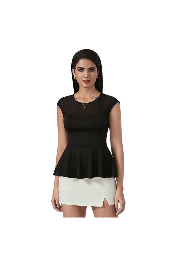 Women's Contrast Sheer Mesh Cap Sleeve Blouse Flared Ruffle Hem Tops Black L