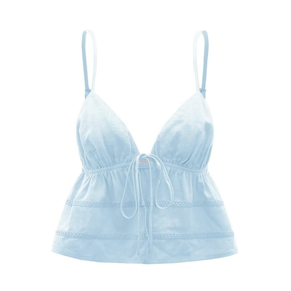 OYOANGLE Women's Deep V Neck Spaghetti Strap Crop Cami Tops Tie Front Tank Top Light Blue XL